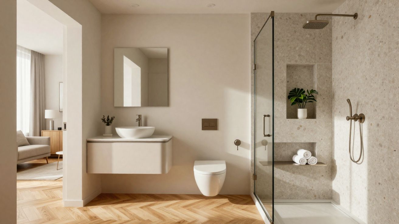 Salle de bain moderne avec vasque suspendue, WC mural, douche à l’italienne et parquet en chevrons.
