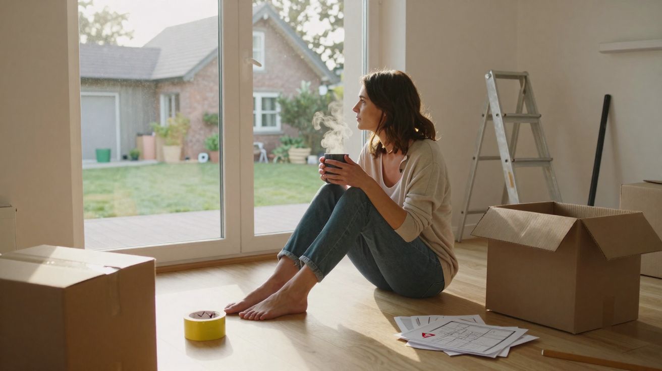 Femme assise par terre dans une maison vide, tenant une tasse fumante, entourée de cartons et planches.