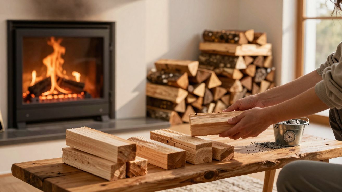 Personne arrangeant des bûches sur une table en bois près d’une cheminée allumée avec un tas de bois en arrière-plan.
