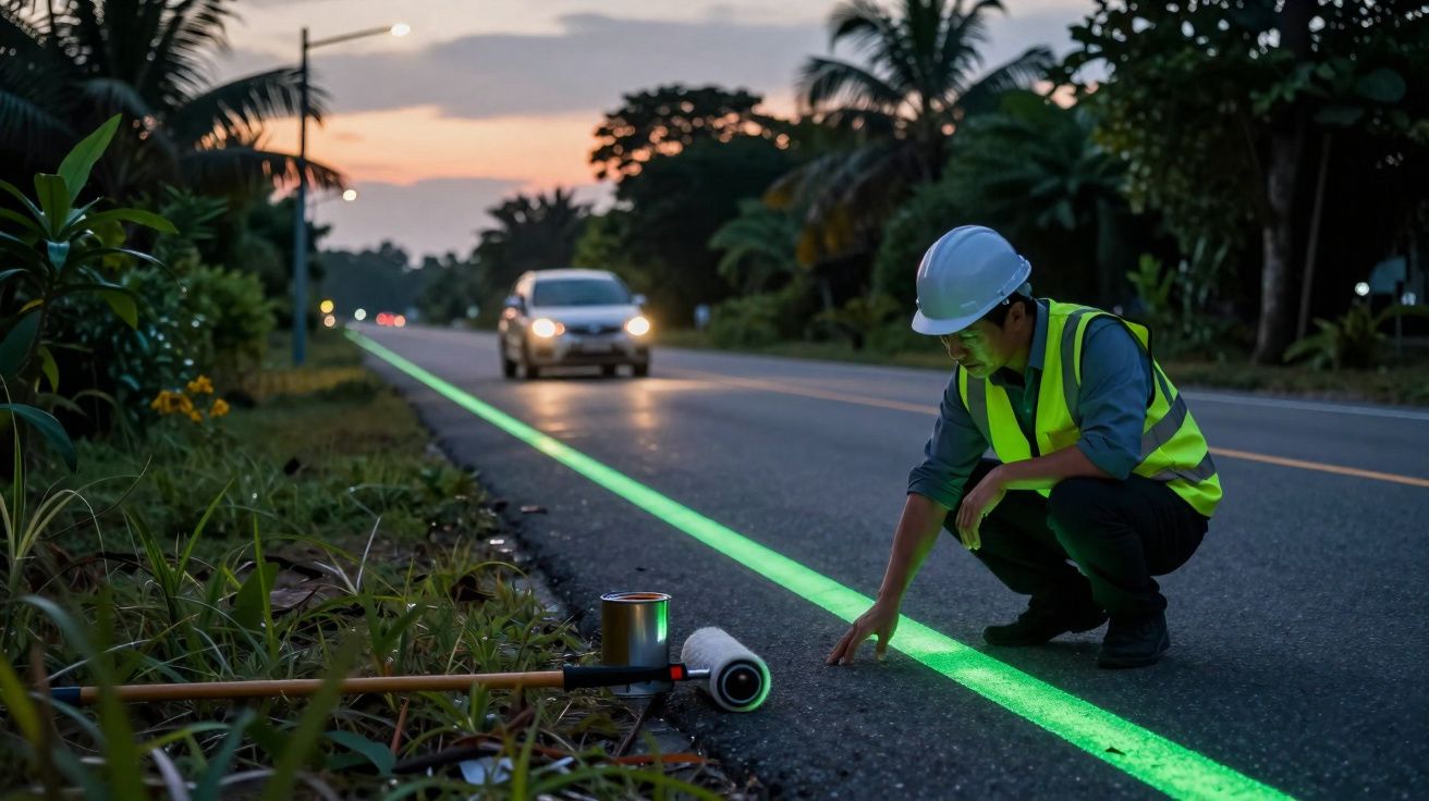 Ouvrier en gilet réfléchissant vérifiant une ligne lumineuse verte peinte au sol au bord d'une route au crépuscule.