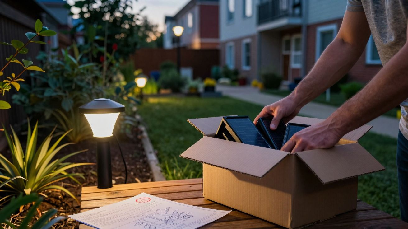 Personne déballant une lampe solaire à LED sur une table en bois dans un jardin éclairé au crépuscule.
