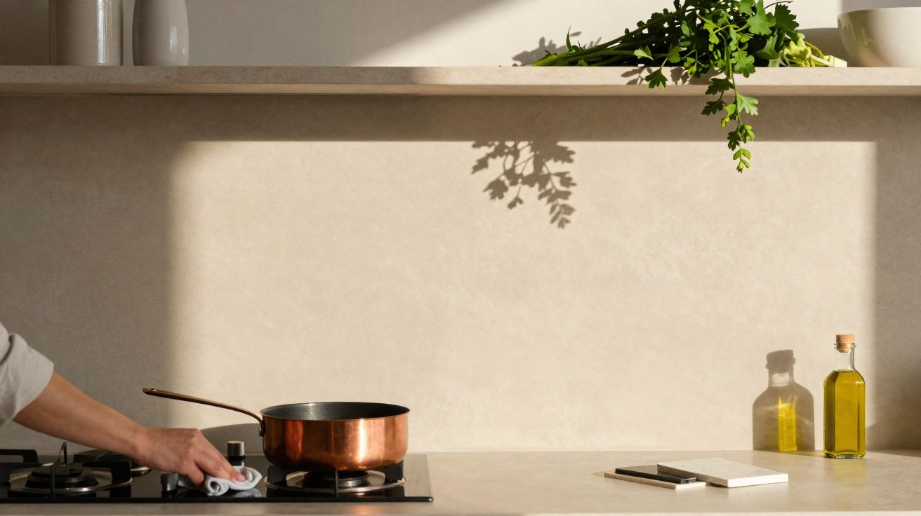 Main éteignant un feu de cuisinière à gaz avec une casserole en cuivre dans une cuisine lumineuse minimaliste.