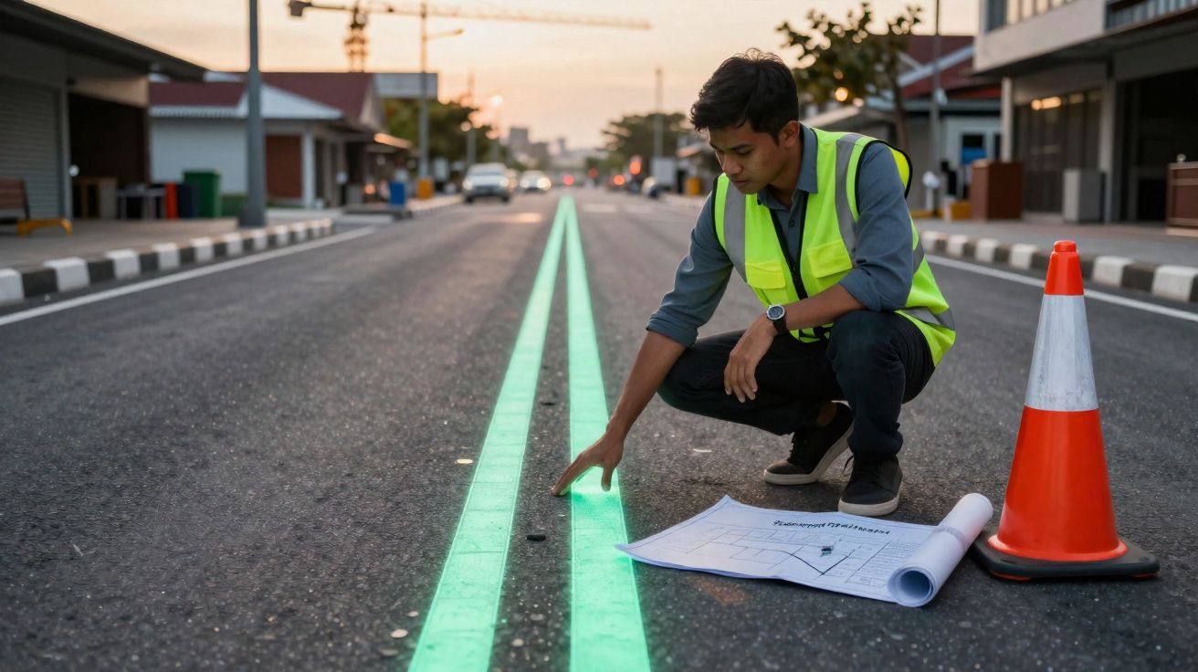 Homme en gilet de sécurité inspectant des plans au sol près de lignes vertes fluorescentes sur une route vide.