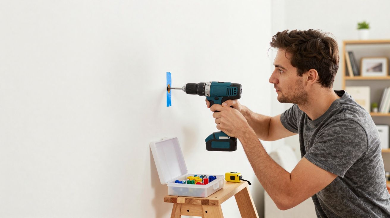 Homme perçant un mur blanc avec une perceuse sans fil, outils sur un tabouret en bois à côté.
