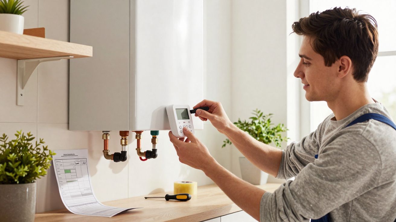 Jeune homme ajustant le thermostat d'une chaudière murale dans une cuisine lumineuse avec plantes et outils.