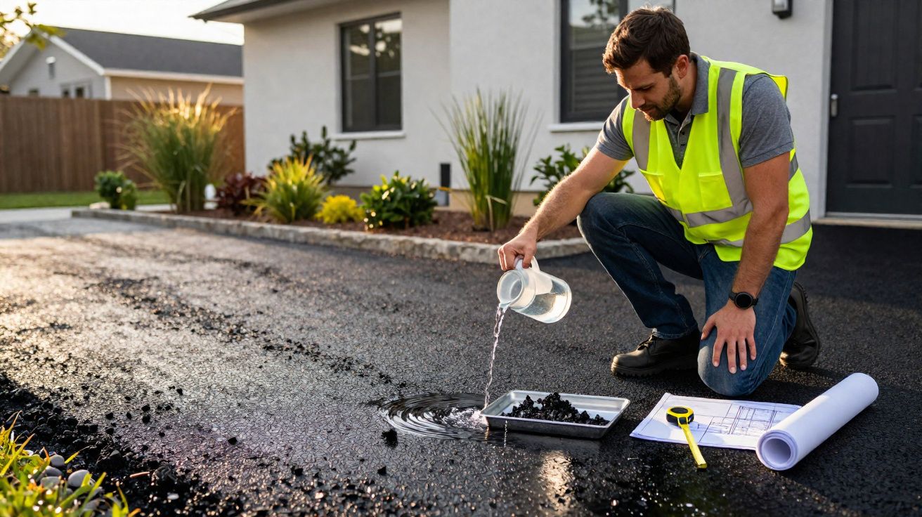 Homme en gilet réfléchissant versant de l'eau sur un échantillon d'asphalte devant une maison moderne.