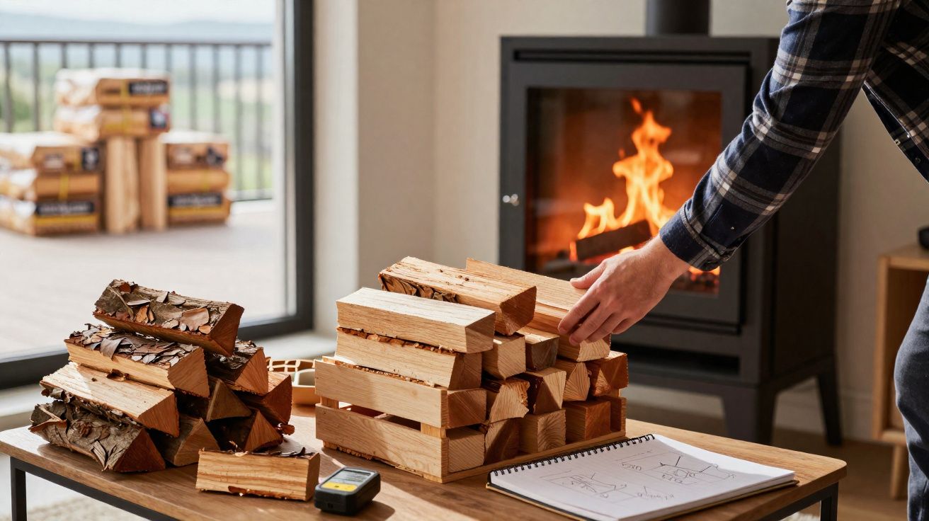 Bois de chauffage empilé sur une table près d'un poêle à bois en feu avec une main ajustant les bûches.
