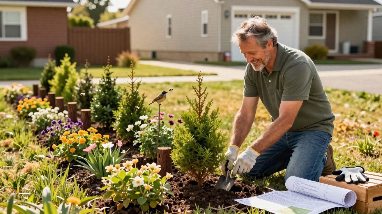 Homme souriant jardinant dans un parterre fleuri devant une maison résidentielle par une journée ensoleillée.