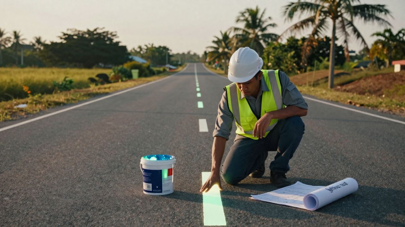Ouvrier en casque blanc vérifiant la peinture fraîche d'une ligne blanche sur une route dégagée au soleil couchant.