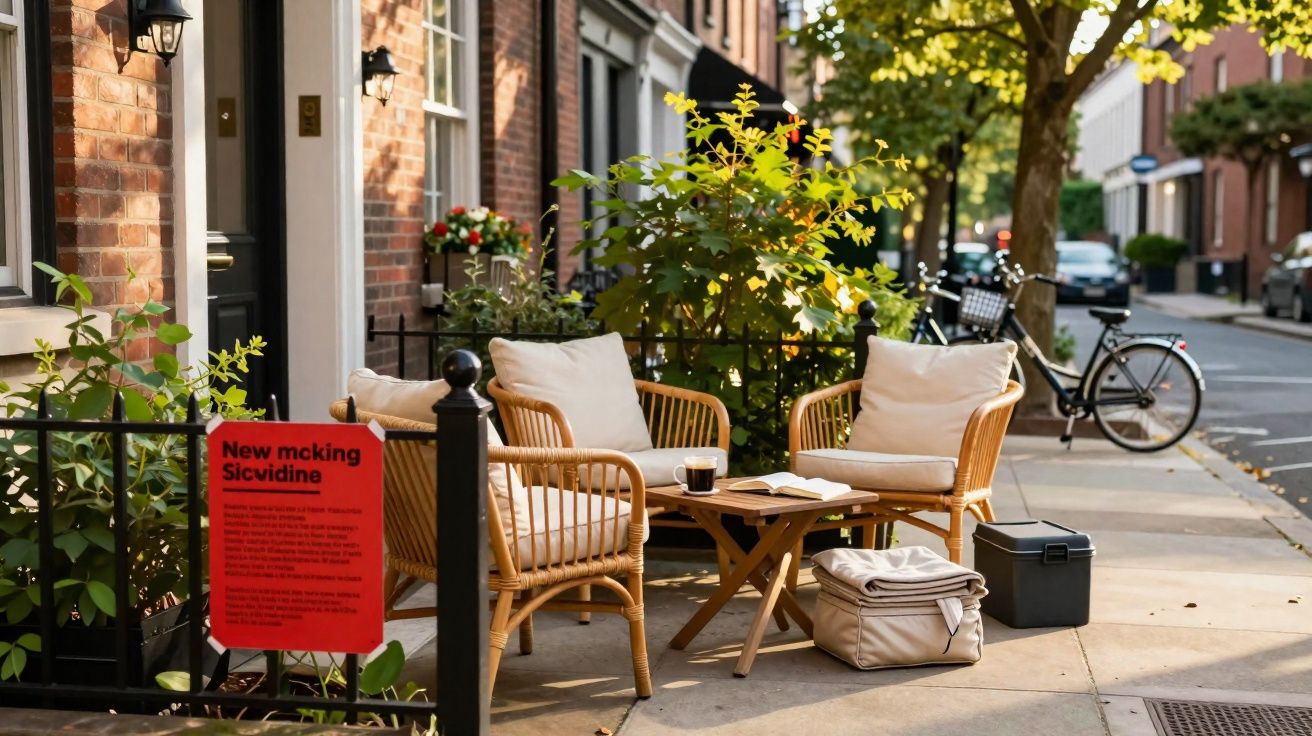 Deux fauteuils en rotin avec coussins autour d’une table basse sur un trottoir ensoleillé.