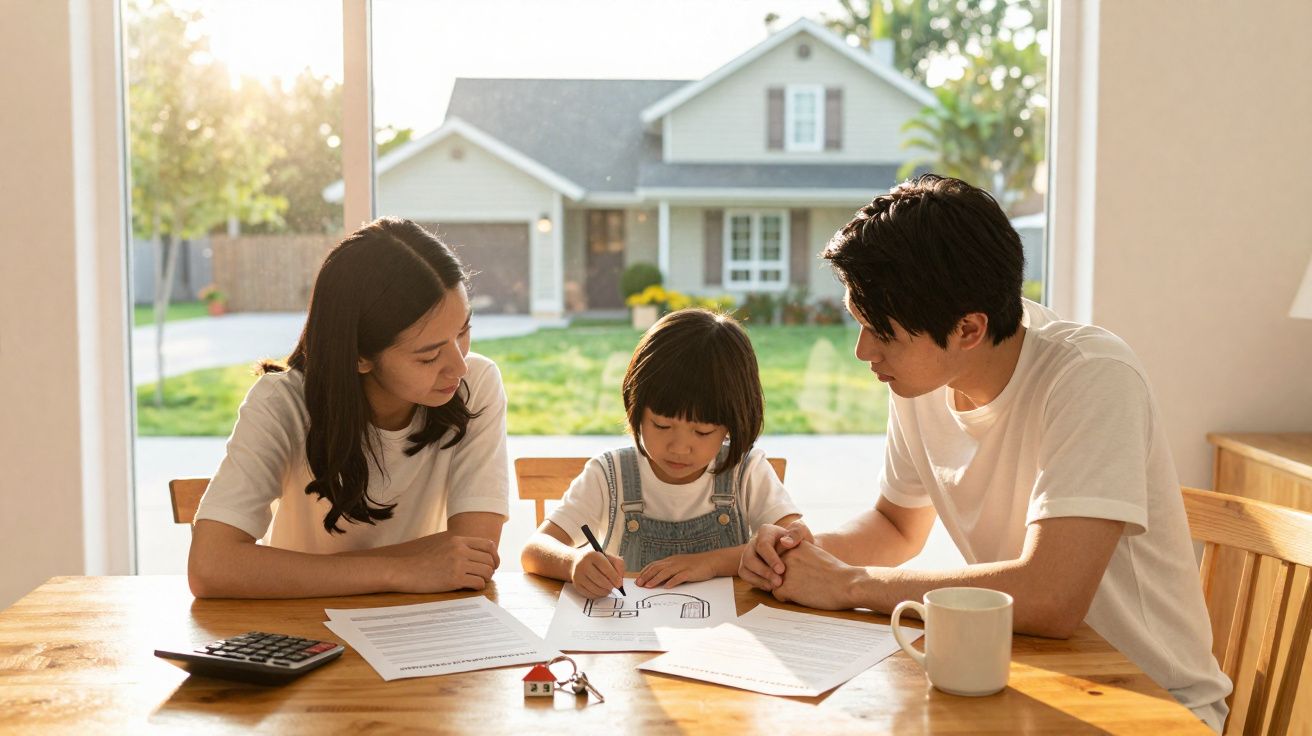 Famille asiatique assise à une table en bois, enfant dessinant, parents la regardant avec attention, maison en arrière-plan.