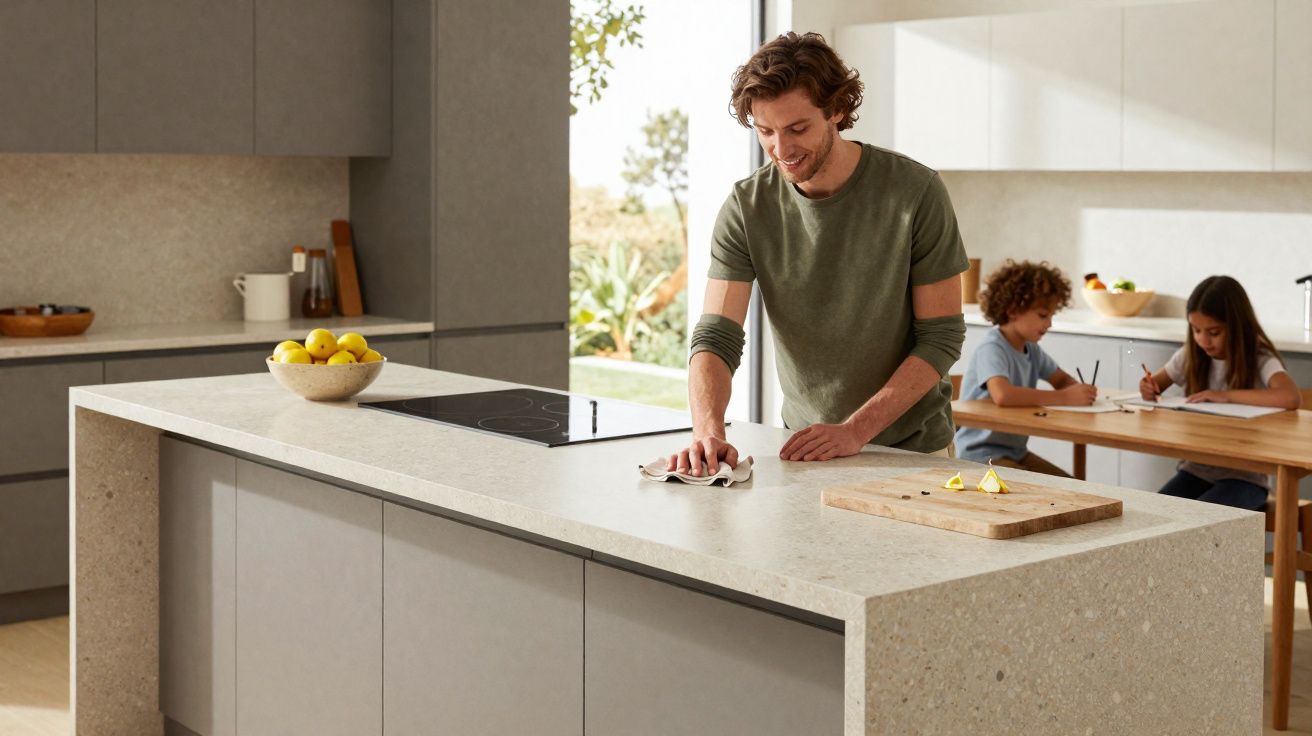 Homme nettoyant un plan de travail moderne en cuisine pendant que deux enfants font leurs devoirs à table.